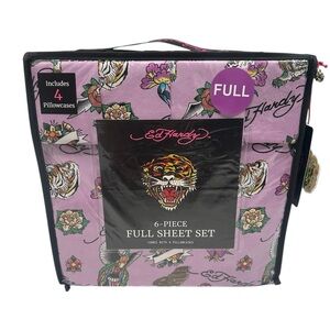 Ed Hardy 6-Piece Full Size Sheet Set Purple Dragon Tiger Print New